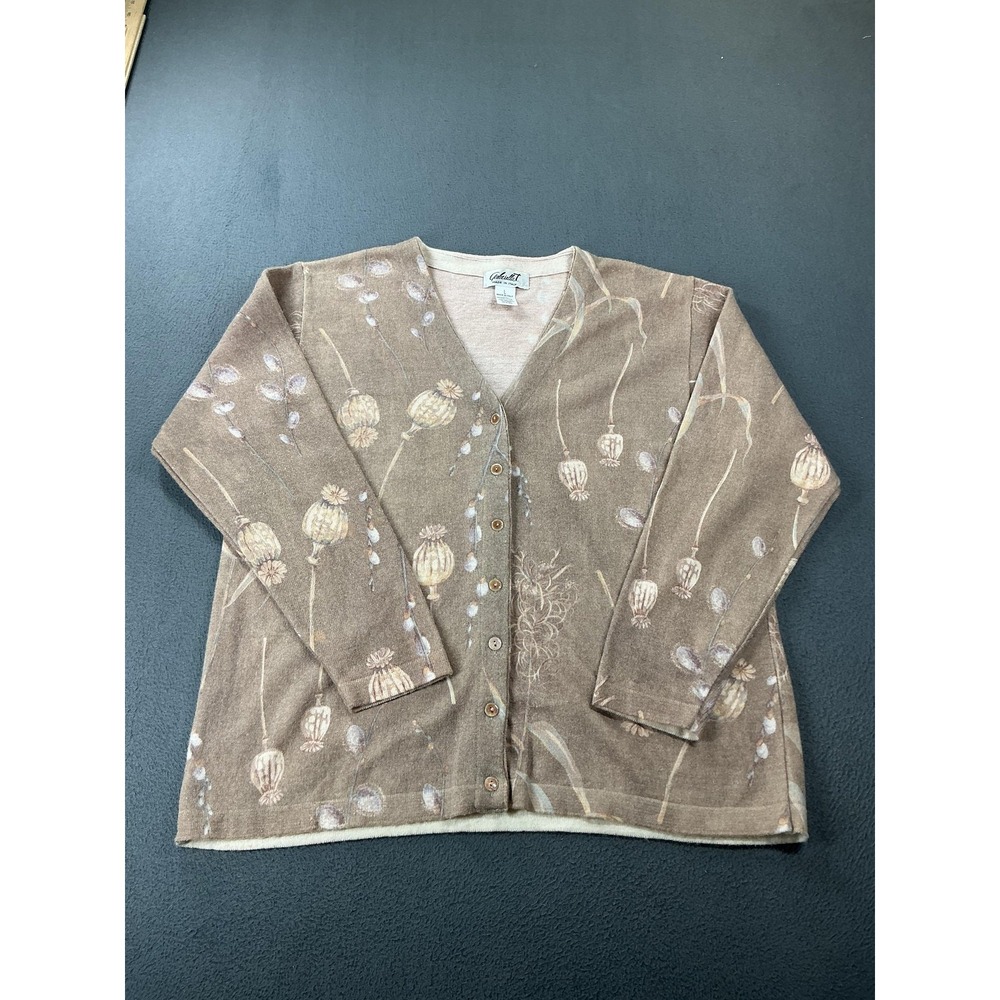 Gabriella T. Sweater Womens Large Brown Wool Nylon Cardigan V-Neck Floral